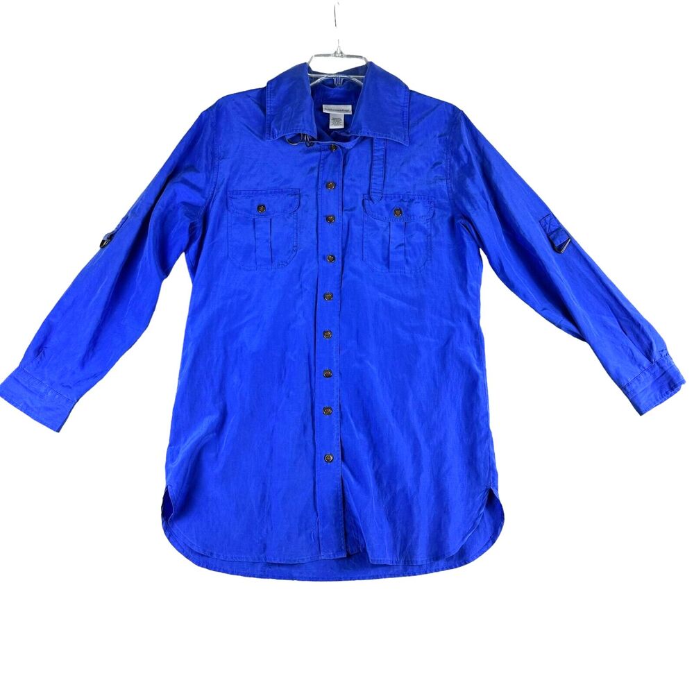 Soft Surroundings Top Women's Small Blue Button Up Blouse Neck Buckle Silk Blend